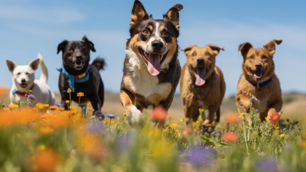 A heartwarming scene showcasing a group of adorable puppies of different breeds playing together in a lush green meadow, their fluffy fur shining under the warm sunlight, capturing their playful expressions and wagging tails.