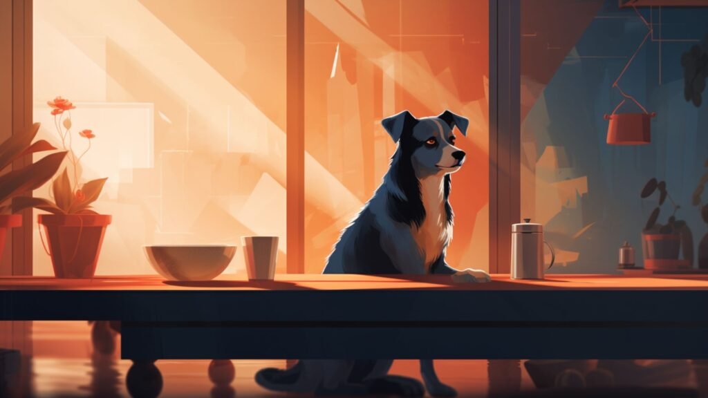 lat scene of a dog curiously looking at a toy or food but choosing to ignore it on command.