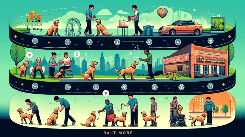 An illustration highlighting the journey of a dog in Baltimore from starting therapy dog training to achieving certification, featuring the dog demonstrating skills in various training scenarios.