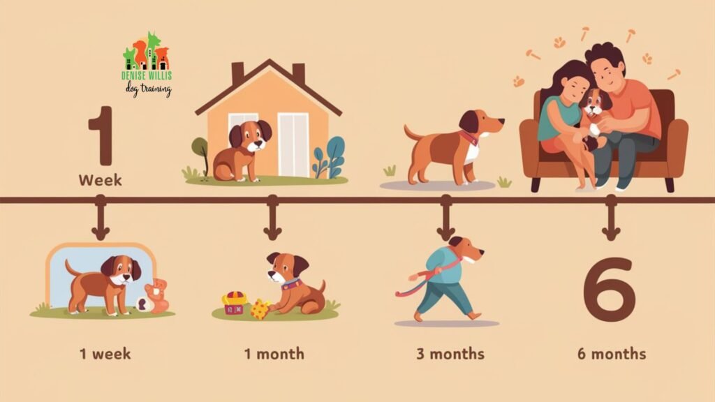 Timeline showing the typical adjustment period for a rescue dog