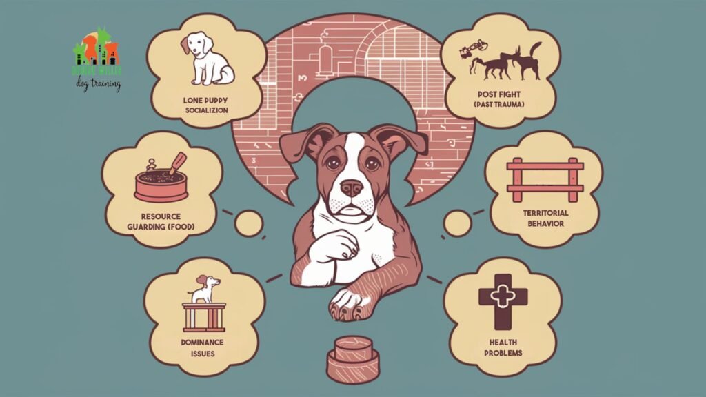 Illustration of a dog surrounded by aggression triggers