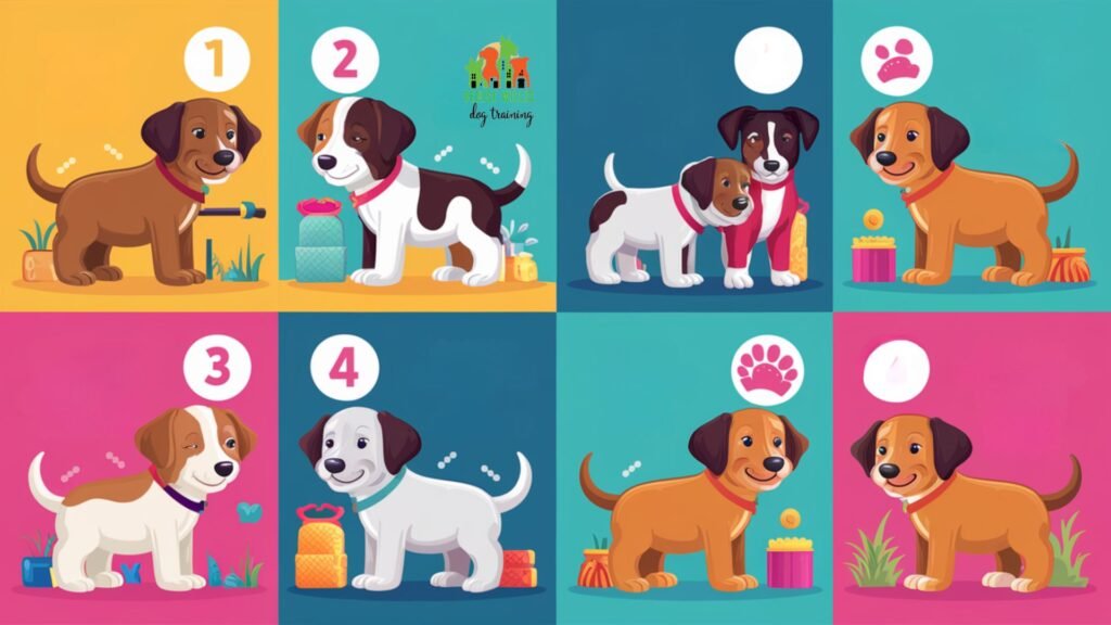 Vector illustration of various positive puppy socialization scenarios