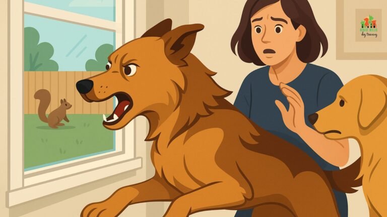 Dog exhibiting redirected aggression at window with owner looking concerned