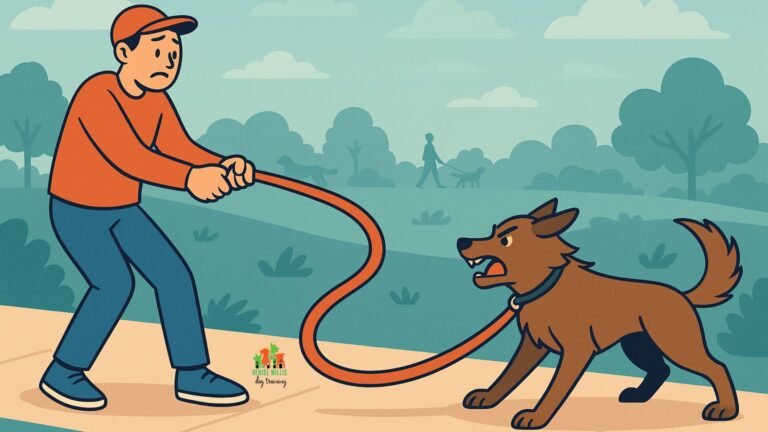 Illustration of Dog Owner and Reactive Dog in Leash Tug-of-War